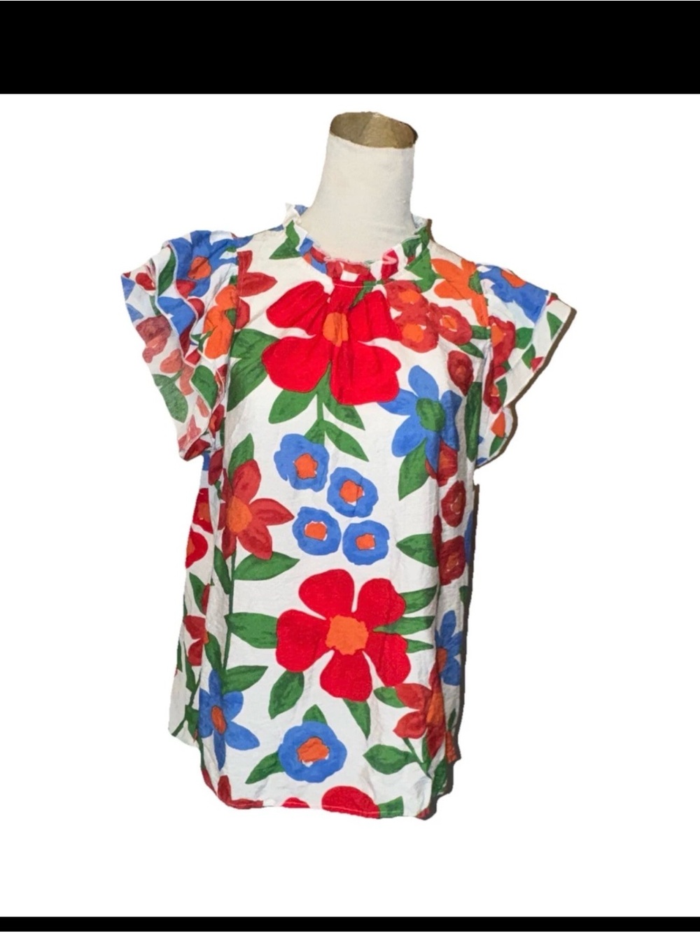 Entro Floral Top Shirt L White Red Blouse Summer